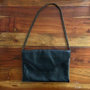 J. Crew Black 100% Leather Envelope Clutch/Purse with Chain Handle